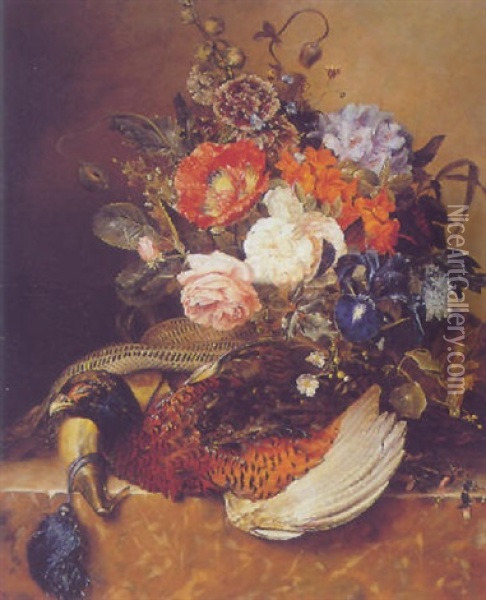 A Still Life Of Flowers And A Pheasant Oil Painting - Georgius Jacobus Johannes van (the Younger) Os