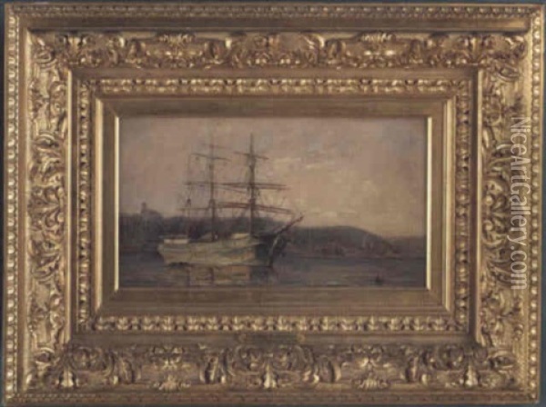A Ship Anchored Off The Coast Of Providence, Rhode Island Oil Painting - Walter Francis Brown