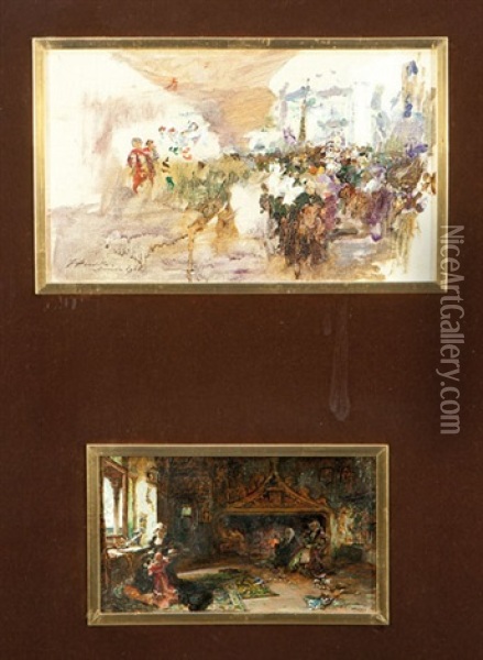 Procesion En Granada (+ Juana La Loca Recluida En Tordesillas; 2 Works) Oil Painting - Francisco Pradilla y Ortiz