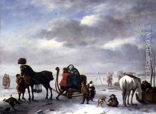 Winter Landscape with a Gentleman Assisting a Lady From a Sleigh Oil Painting - Andries Vermeulen