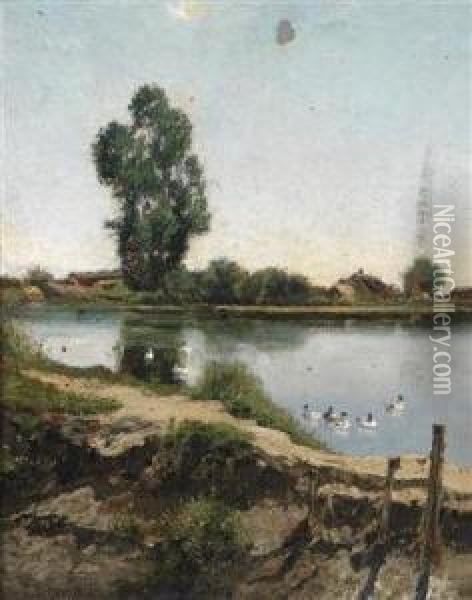 Riverlandscape With Ducks Oil Painting - Artur Tolgyessy