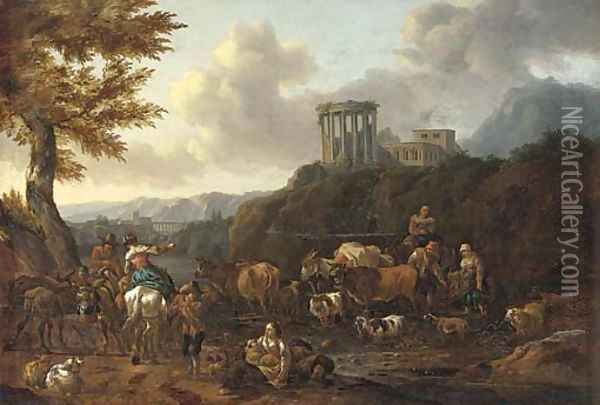 An Italianate landscape with drovers fording a river, the Temple of the Sibyl at Tivoli beyond Oil Painting - Abraham Jansz. Begeyn