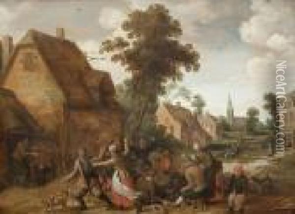 A Skirmish In A Village Oil Painting - Joost Cornelisz. Droochsloot