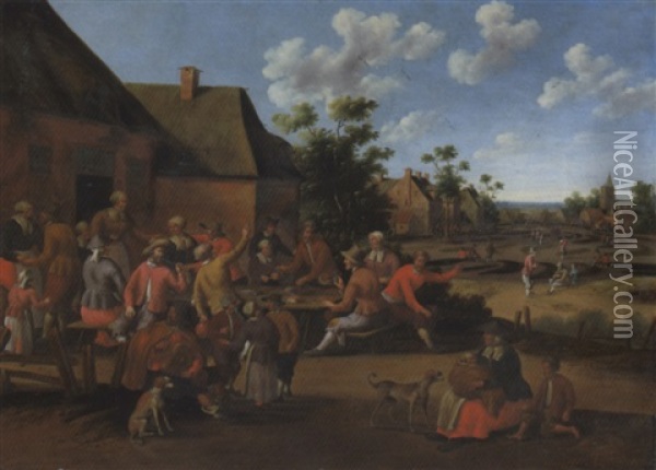 Peasants Feasting Outside An Inn In A Village Oil Painting - Cornelis Droochsloot