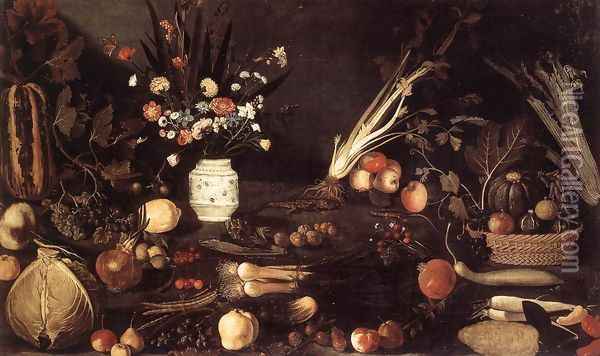 Flowers, Fruit, Vegetables and Two Lizards 1607 Oil Painting - Master of the Hartford Still-life