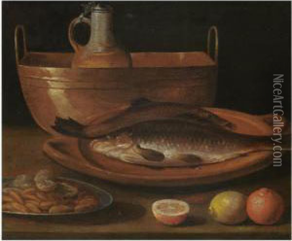 A Still Life With Carp On A Plate, A Pitcher In A Bucket, Almonds And Citrus Fruits On A Table Oil Painting - Sebastien Stoskopff