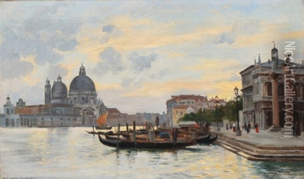 Gondolas Anchored Along Canal Grande In Venice Oil Painting - August Fischer