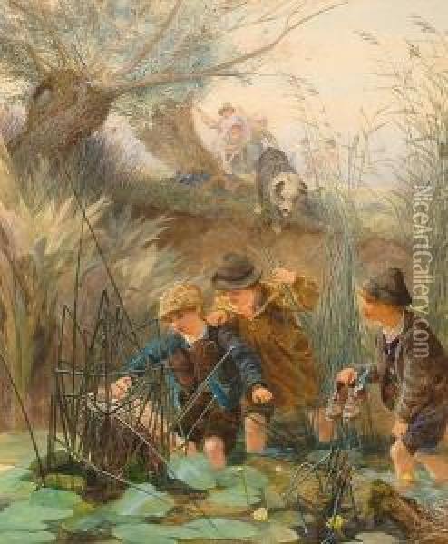 Mischievous Friends. Oil Painting - Alfred Downing Fripp