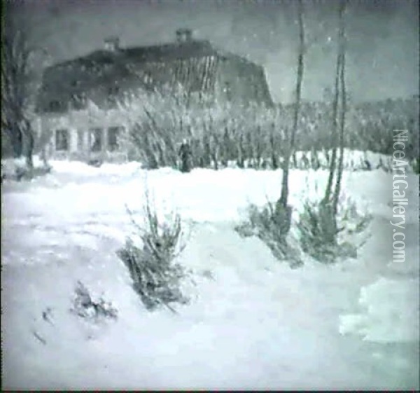 Soligt Vinterlandskap Med Hus Ovh Kvinna Oil Painting - Vilhelm Emanuel Behm