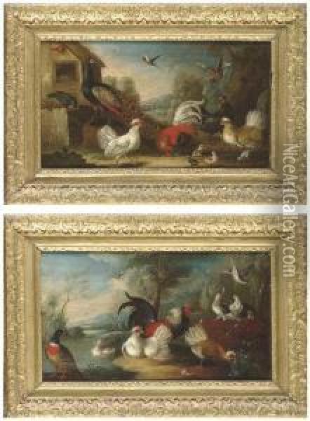 A Peacock, Chickens, A Jay And 
Other Birds By A Barn; And Chicken,ducks And Pigeons By A Wall In A 
River Landscape Oil Painting - Marmaduke Cradock