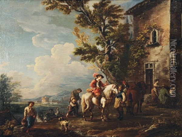 The Rest In Front Of The Inn Oil Painting - Antonio Diziani