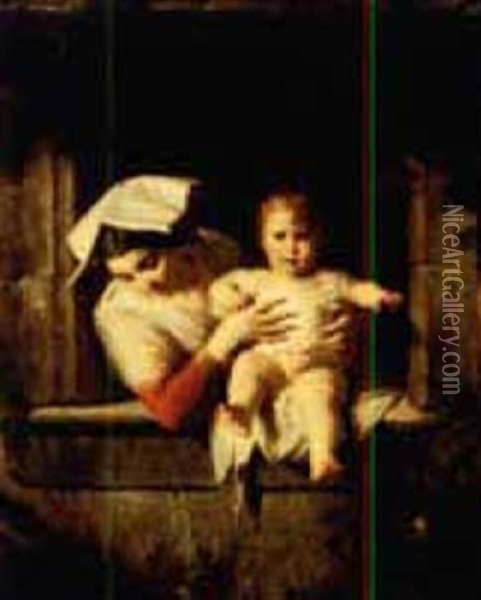 Mother And Child At A Window Oil Painting - Giuseppe Mazzolini