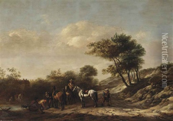 A Landscape With Riders And Travellers By A River Oil Painting - Barend Gael