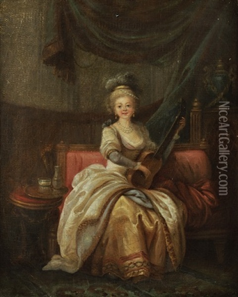 Portrait De Jeune Femme Sur Un Sofa Jouant De La Guitare Oil Painting - Jean-Baptiste Leprince