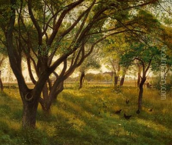 Chickens In The Garden Oil Painting - Erik Ludwig Henningsen