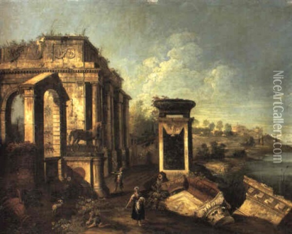 Capriccio Of A Ruined Clasical Portico.... Oil Painting - Michele Marieschi