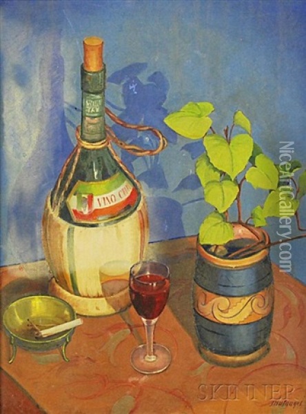 Still Life With Chianti Oil Painting - John Hufnagel
