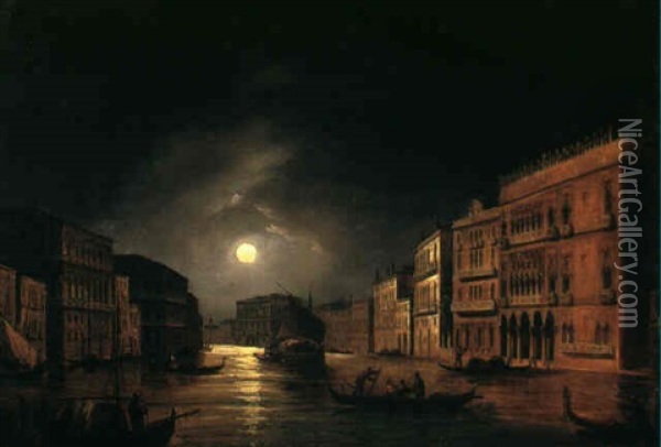The Grand Canal, Venice By Moonlight Oil Painting - Carlo Grubacs