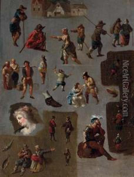 Studies Of Figures, Shoes, Fish And A Building Oil Painting - Jan van Huchtenburg