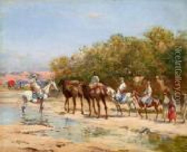 Caravane En Marche A El Ouatara, Algerie Oil Painting - Victor Pierre Huguet