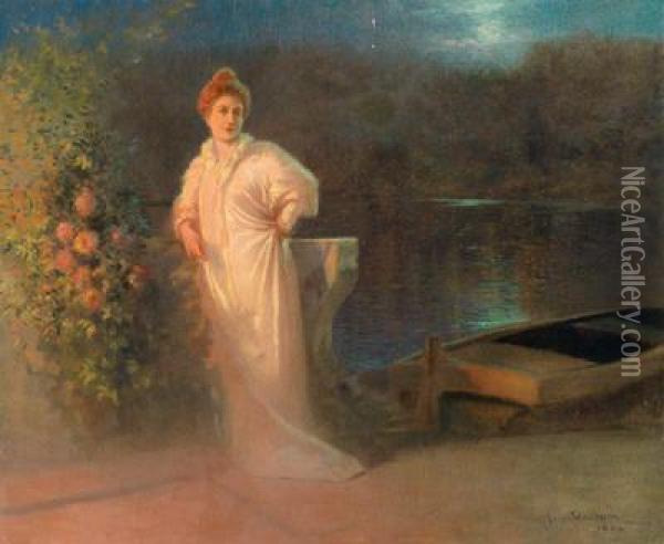 Nachtliche Landschaft Mit Einer Jungen Frau Am Ufer Eines Sees Oil Painting - Jean Beauduin