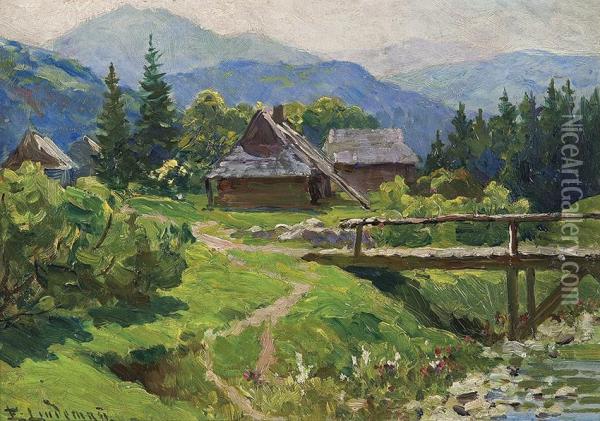 Mountain Landscape With Huts And Bridge Oil Painting - Emil Lindemann