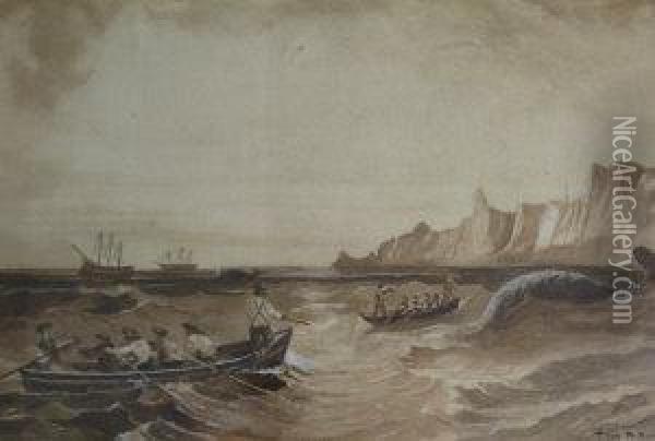 P Evans, Monochromewatercolour, Seascape With Figures In Row Boats, 7ins X 10ins Oil Painting - Thomas Pooly Pooley