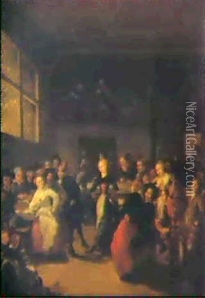 A Married Couple Leading The Dance At A Wedding Feast Oil Painting - Gerrit Lundens