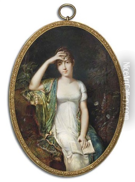 A Young Lady Formerly Called Pauline Bonaparte, Princess Borghese, Seated On A Grassy Bank Holding An Open Book In Her Left Hand, In White Dress, Cashmere Stole, Her Right Arm Raised To Her Forehead Oil Painting - Etienne Charles Leguay