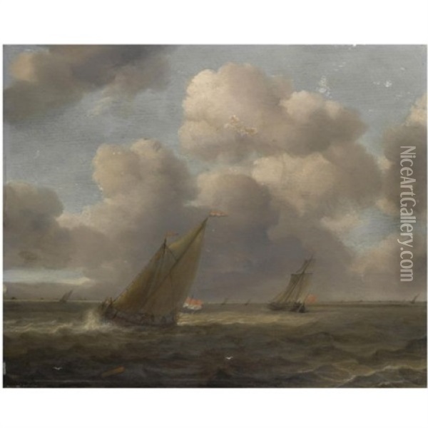 A Seascape With Small Dutch Vessels In A Stiff Breeze Oil Painting - Hendrick Van Anthonissen