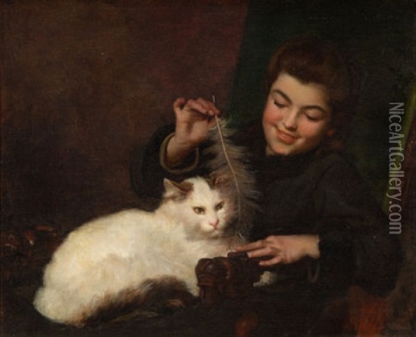 Portrait Of A Girl With Cat Oil Painting - Antoine Jean Bail