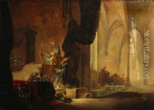 A Church Interior With An Angel And A Priest Oil Painting - Adriaen Verdoel