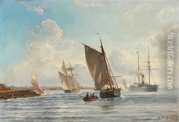Sailboats Near The Shore Oil Painting - Holger Henrik Herholdt Drachmann