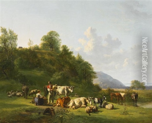 Weite Tallandschaft Mit Lagerndem Vieh Oil Painting - Jan Van Ravenswaay