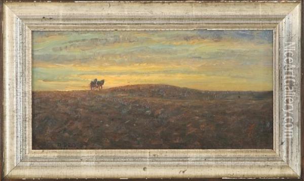Sunset Over A Moor Landscape With Horses Oil Painting - Niels Pedersen Mols