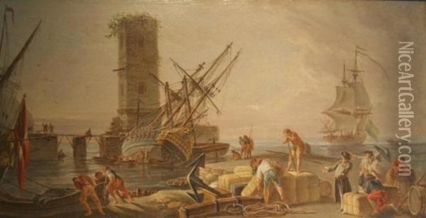 Harbor Scene With Men Unloading A Capsized Ship Oil Painting - Horace Vernet