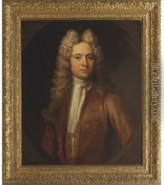 Portrait Of A Gentleman, 
Half-length, In A Brown Coat And Waistcoat And A White Stock, Feigned 
Oval Oil Painting - Johann Closterman