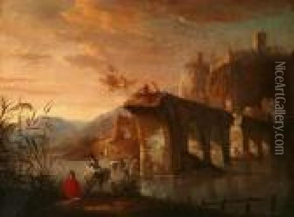 Attributed To Jan Both . Figures By An Aqueduct With A Castle In The Distance Oil Painting - Jan Both
