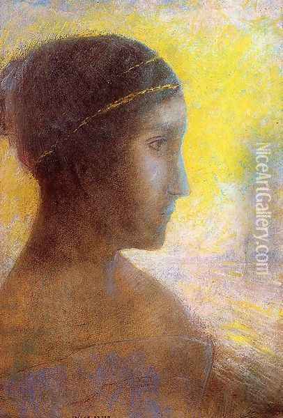 Head Of A Young Woman In Profile Oil Painting - Odilon Redon