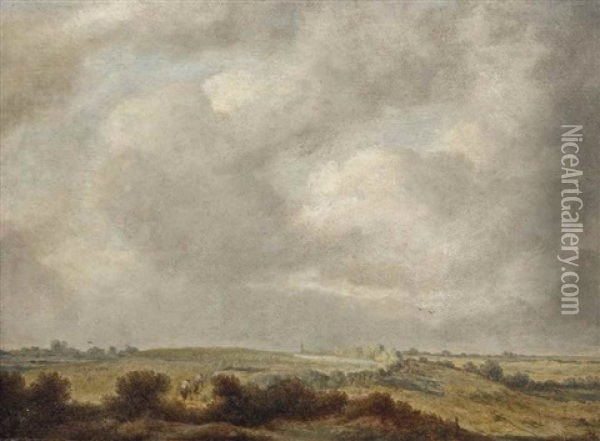 A Extensive Landscape With Two Figures In A Field Oil Painting - Cornelis Simonsz van der Schalcke