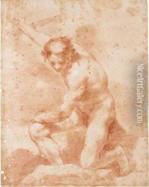 Study Of A Kneeling Male Nude Holding A Stick With His Right Hand Oil Painting - Ubaldo Gandolfi