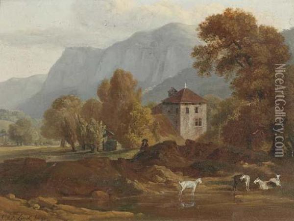 Vue Pres La Roche Et Du Brezon En Savoy. 1796. Oil Painting - Jean Antoine Linck