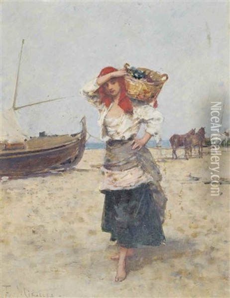 Returning With The Catch Oil Painting - Francisco Miralles y Galup
