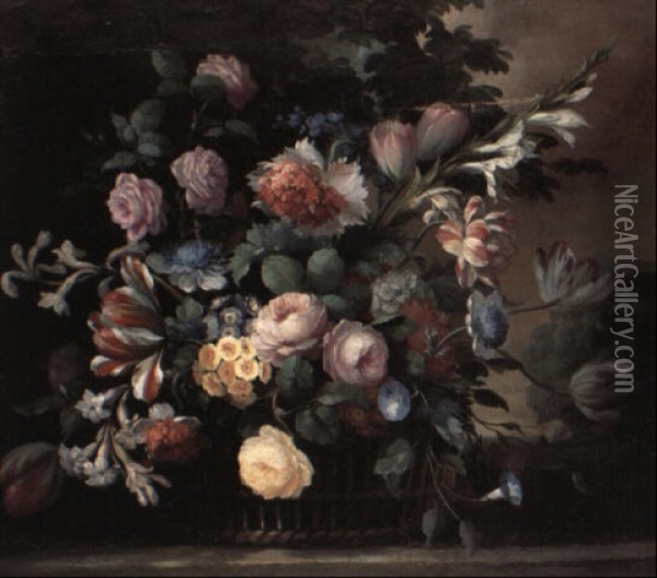 Roses And Other Flowers In A Wicker Basket On A Stone Ledge Oil Painting - Jean-Baptiste Monnoyer