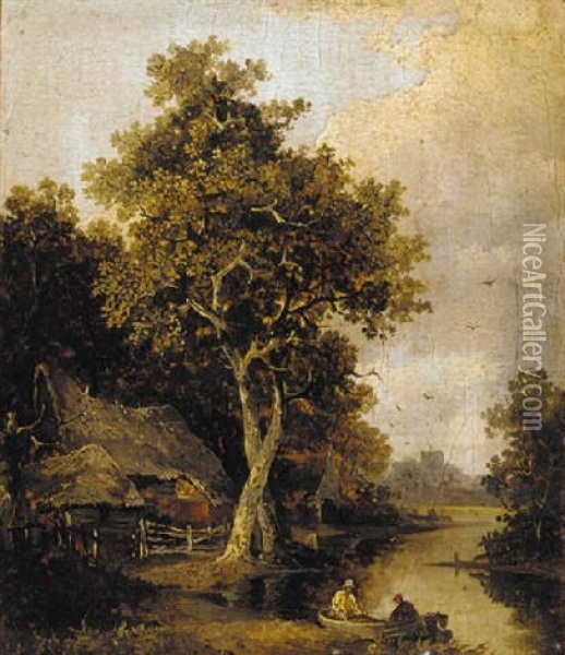 Figures In A Boat Before A Cottage, A Church Beyond Oil Painting - Joseph Paul