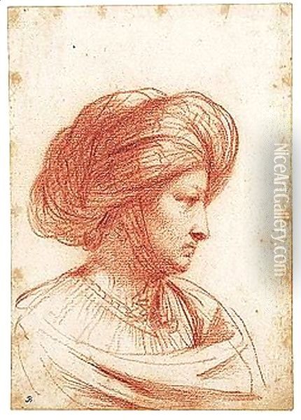 The Head Of A Woman Wearing A Turban Seen In Profile Oil Painting - Giovanni Francesco Barbieri