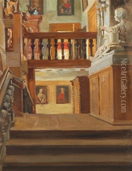 Hall With Stairs, Portrait Paintings, Sculpture A.o. Oil Painting - Jacob Nobbe