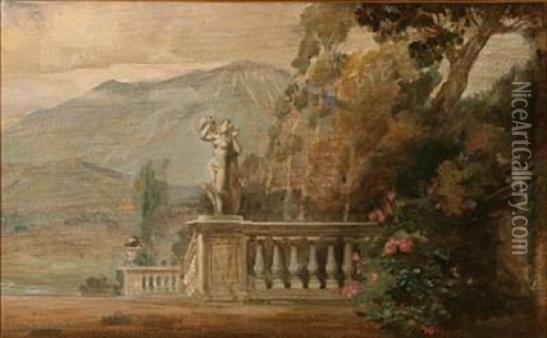 Southern Landscape With A Sculpture In The Foreground And Mountains In The Background Oil Painting - Carl Forup