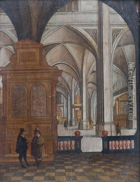 The Interior Of A Gothic Church With Two Gentlemen Conversing In The Foreground Oil Painting - Peeter, the Elder Neeffs
