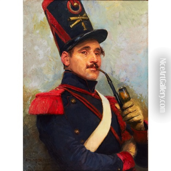 Officer Of The French Horse Artillery Smoking A Pipe Oil Painting - Edouard Jean Baptiste Detaille